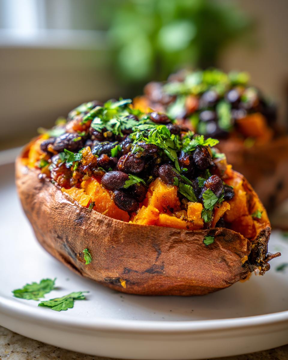 Close-up of a baked sweet potato topped with black beans and fresh herbs on a white plate.