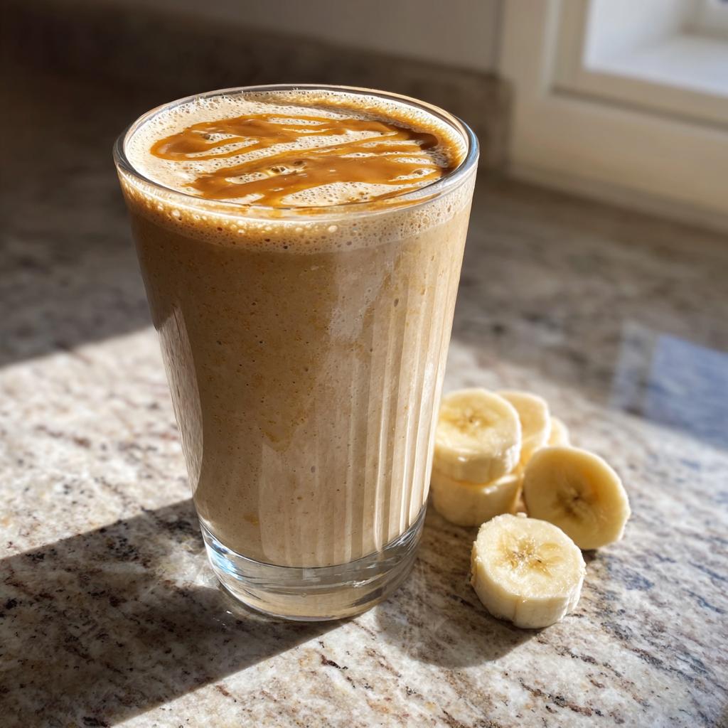 Glass of creamy banana peanut butter protein smoothie with banana slices on countertop
