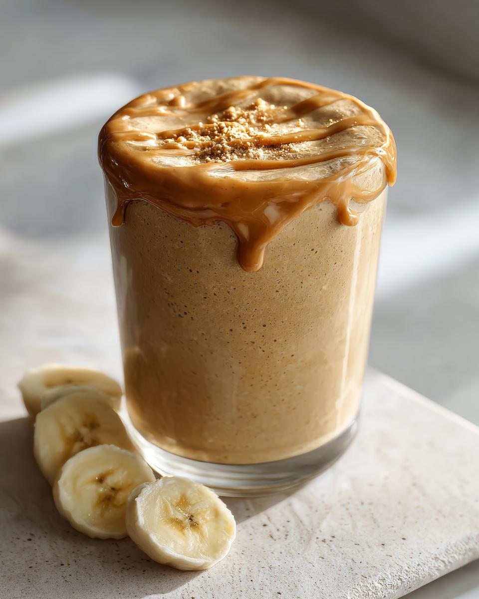 Glass of creamy banana peanut butter protein smoothie topped with peanut butter and banana slices on the side.