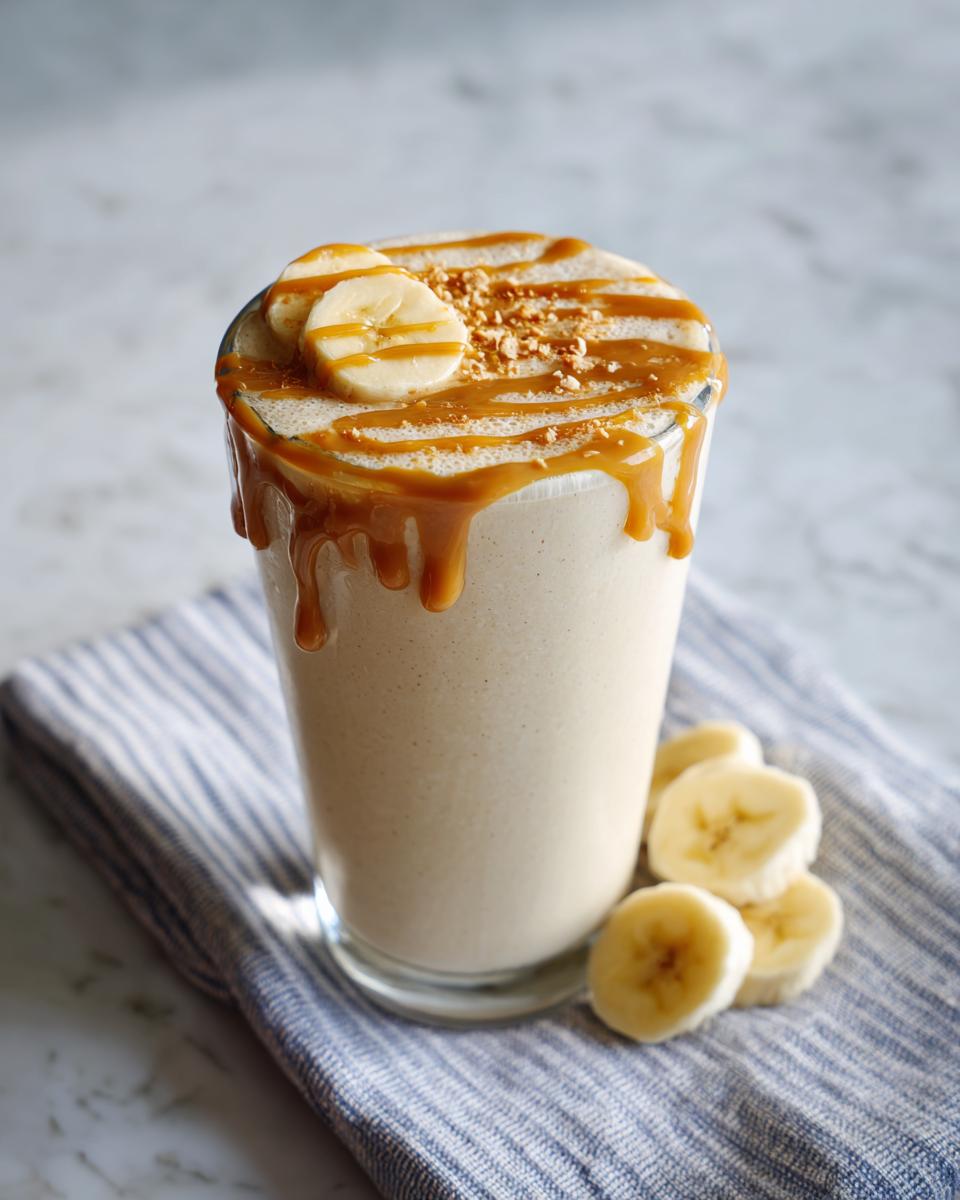 Glass of banana peanut butter protein smoothie topped with banana slices and peanut butter drizzle