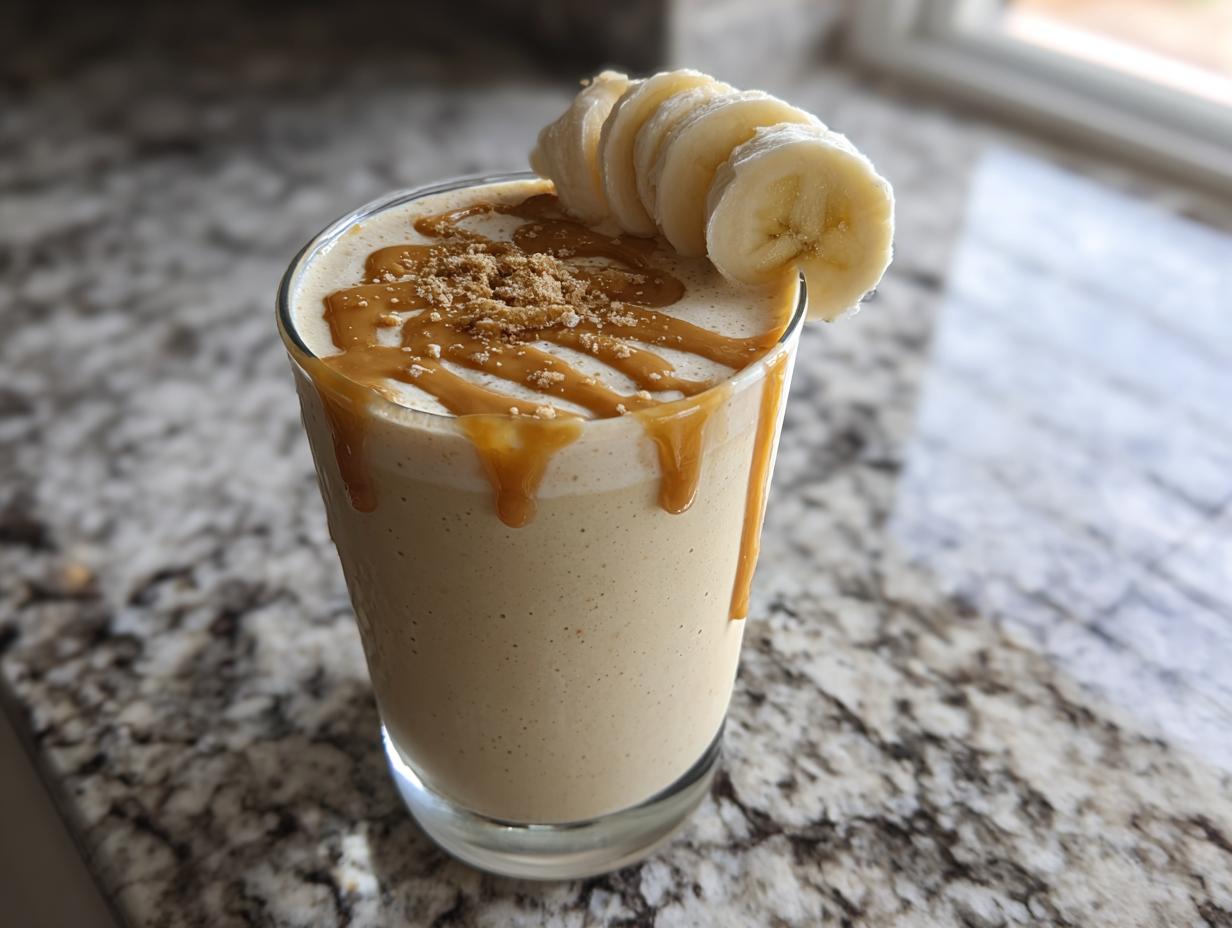 Glass of banana peanut butter protein smoothie topped with peanut butter drizzle and banana slices