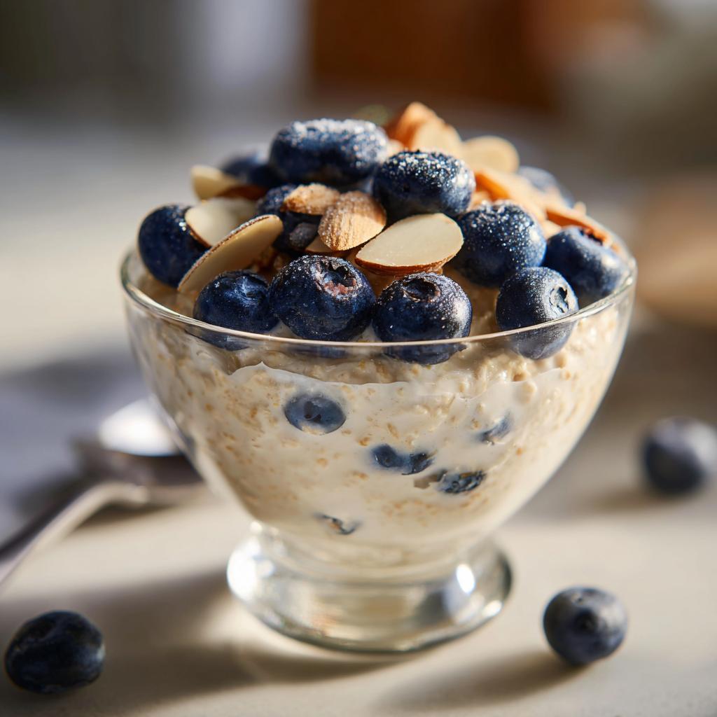 Glass bowl of blueberry almond overnight oats healthy topped with fresh blueberries and sliced almonds