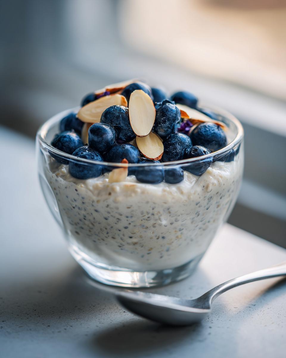 Glass bowl of blueberry almond overnight oats healthy topped with fresh blueberries and almond slices