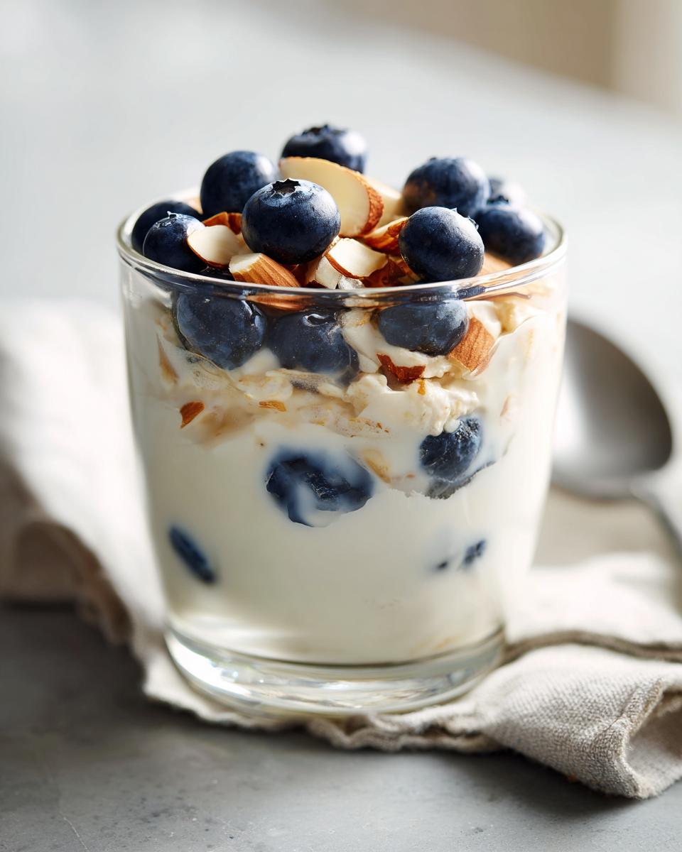 Glass of blueberry almond overnight oats healthy topped with fresh blueberries and sliced almonds