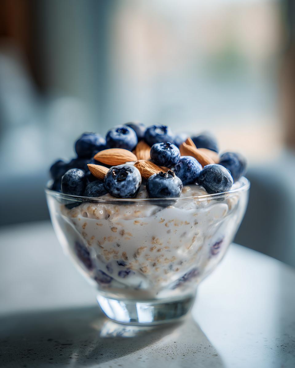 Glass bowl of blueberry almond overnight oats healthy topped with fresh blueberries and almonds