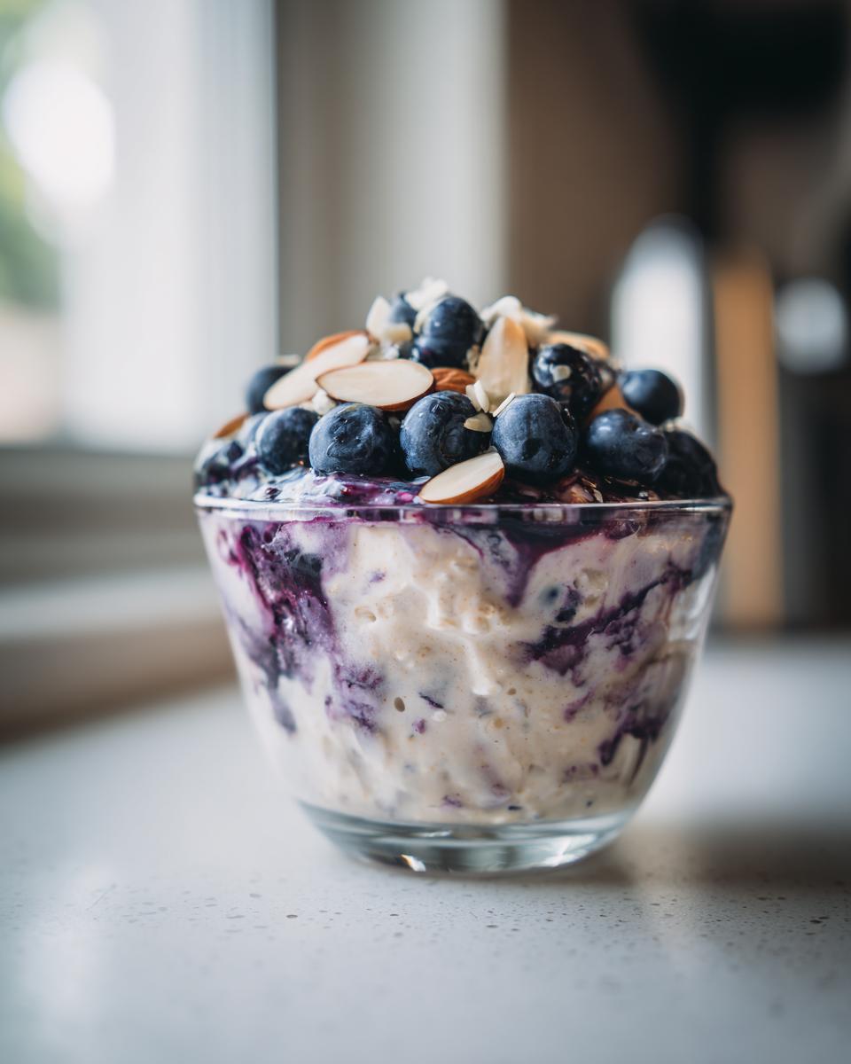 Glass bowl filled with blueberry almond overnight oats healthy topped with fresh blueberries and sliced almonds
