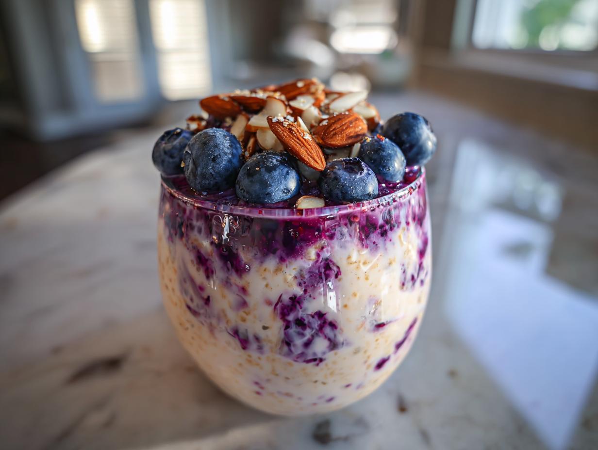 Glass filled with blueberry almond overnight oats healthy topped with fresh blueberries and almonds