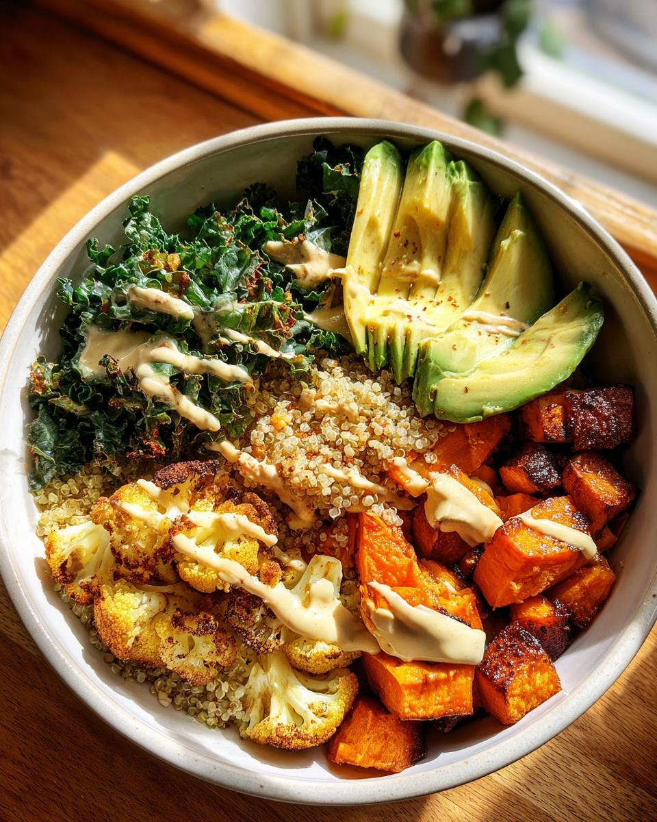 Buddha bowl with roasted veggie including cauliflower, sweet potatoes, avocado, kale, quinoa, and drizzled sauce