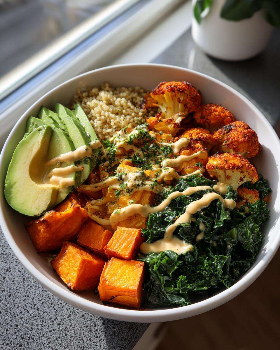 Buddha bowl with roasted veggie, quinoa, avocado slices, kale, and creamy dressing drizzle.