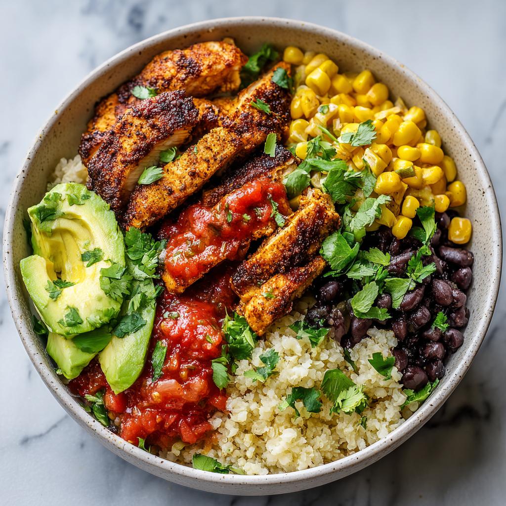 Bowl of cauliflower rice burrito bowl with chicken, avocado, black beans, corn, salsa, and cilantro