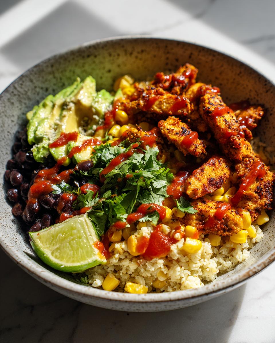 Bowl of cauliflower rice burrito bowl with chicken, avocado, black beans, corn, cilantro, lime, and hot sauce