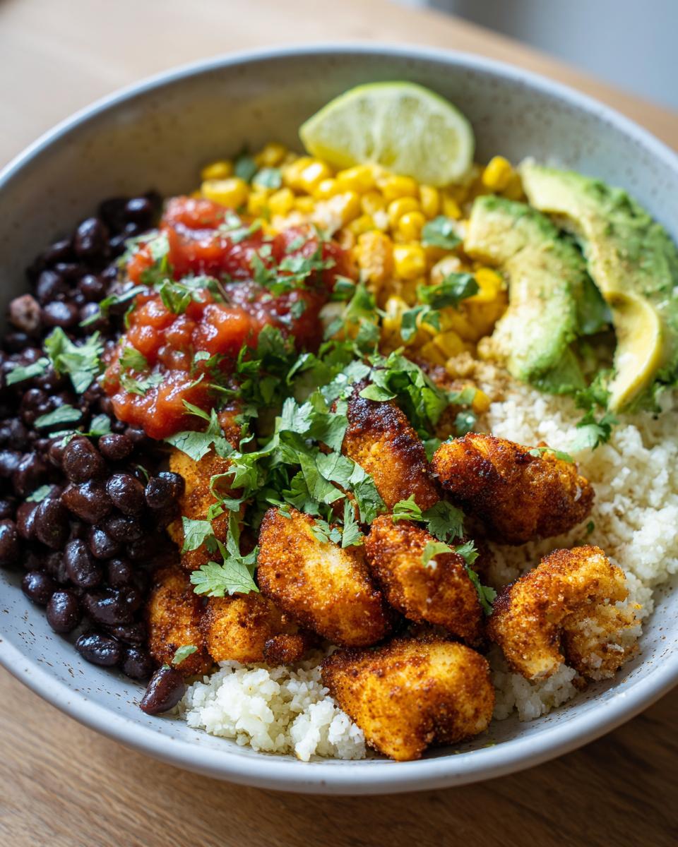 Bowl of cauliflower rice burrito bowl with chicken, black beans, corn, avocado, salsa, and lime wedge.