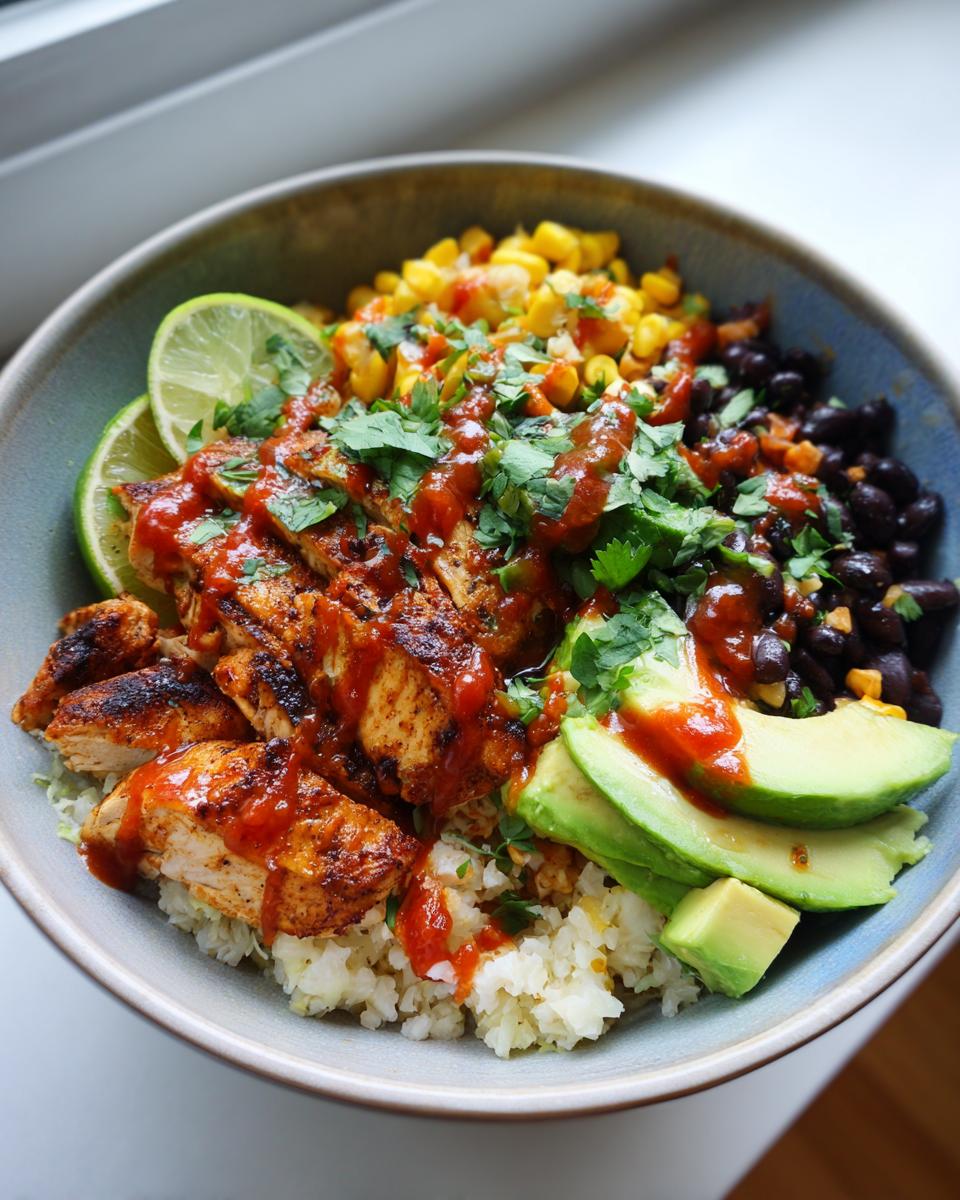 Bowl of cauliflower rice burrito bowl with chicken, avocado, black beans, corn, lime, and cilantro
