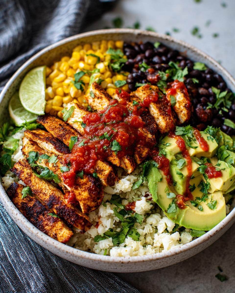 Bowl of cauliflower rice burrito bowl with chicken, avocado, corn, black beans, salsa, and lime wedges