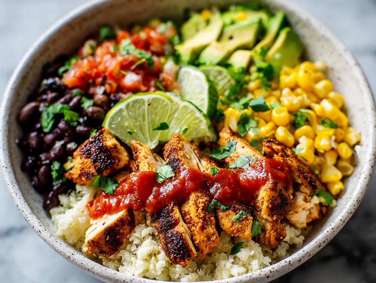 Bowl of cauliflower rice burrito bowl with chicken, black beans, corn, avocado, salsa, and lime slices