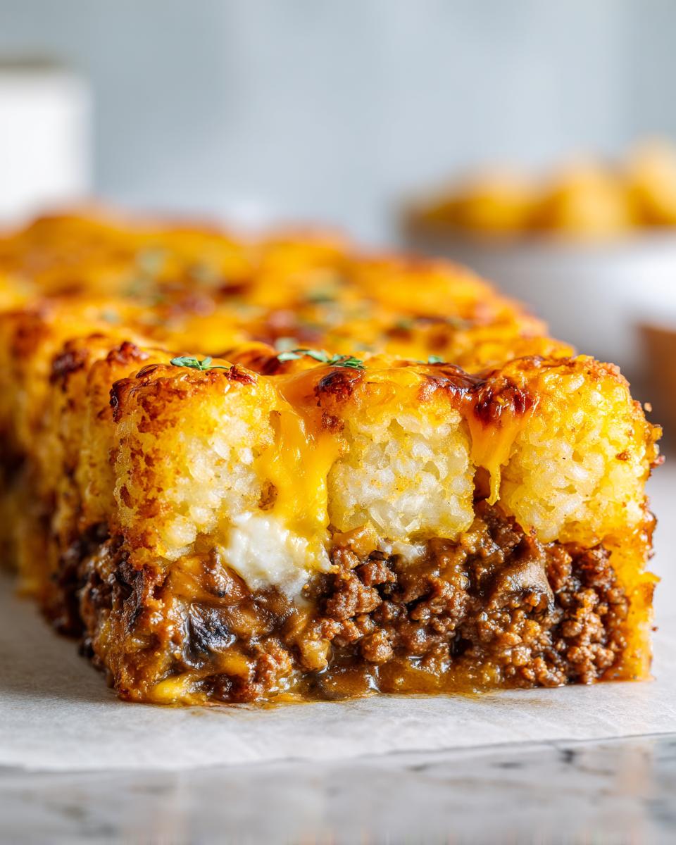 Close-up of a cheesy tater tot beef casserole slice with melted cheddar and ground beef.