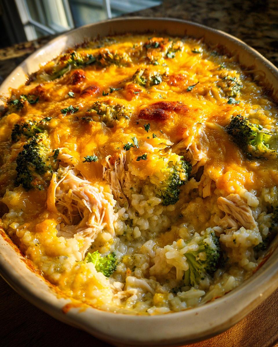 Baked chicken and broccoli brown rice casserole with melted cheese in a ceramic dish