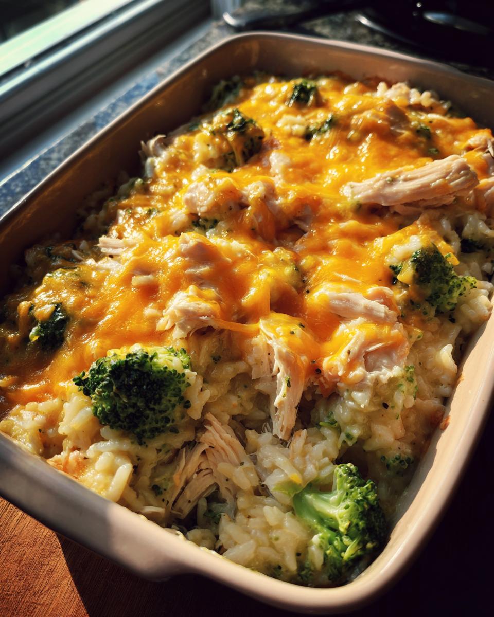 Baked chicken and broccoli brown rice casserole with melted cheddar cheese in a baking dish.