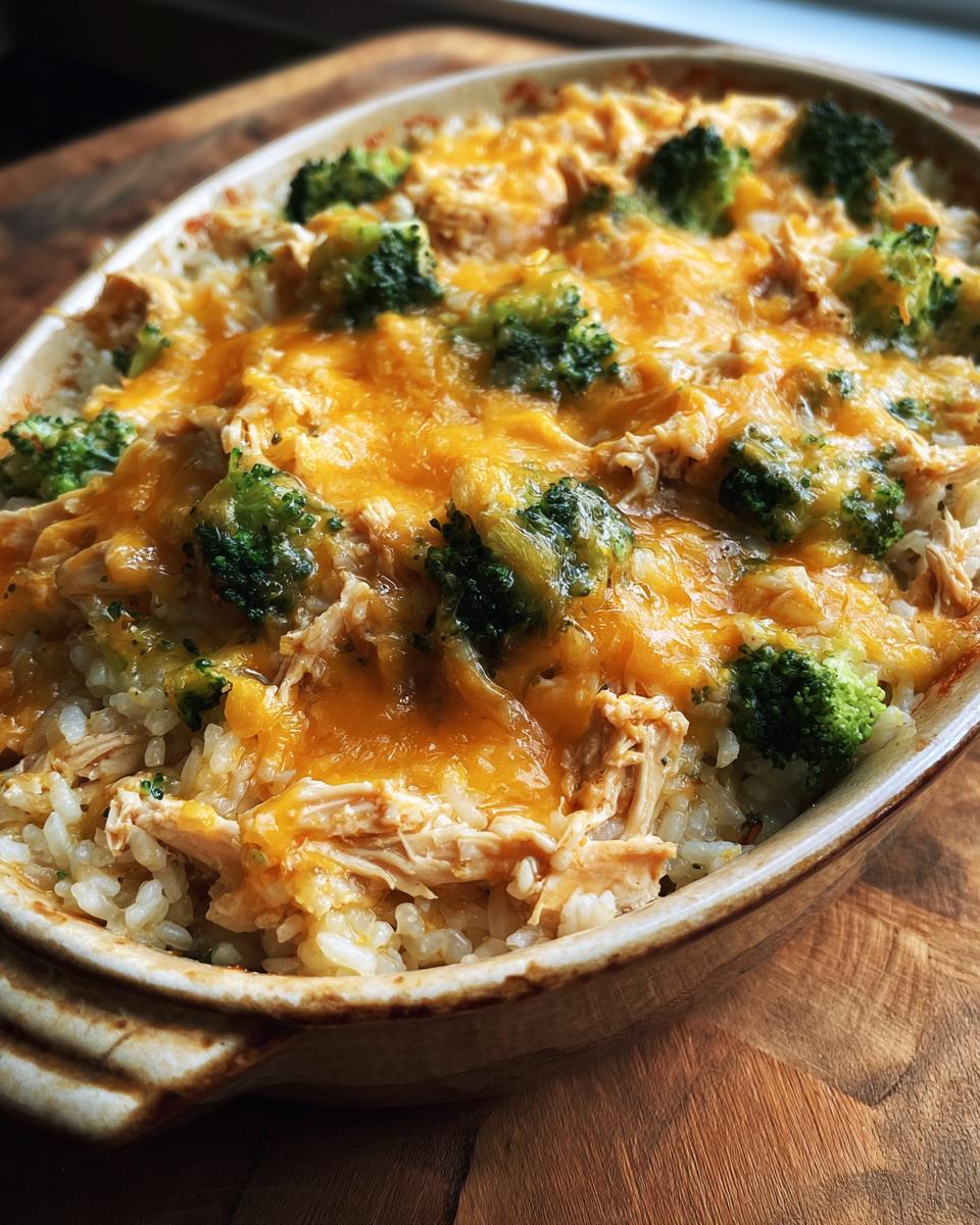 Baked chicken and broccoli brown rice casserole topped with melted cheddar cheese in a ceramic dish.