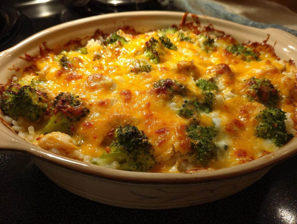 Close-up of chicken and broccoli brown rice casserole topped with melted golden cheese in a ceramic dish