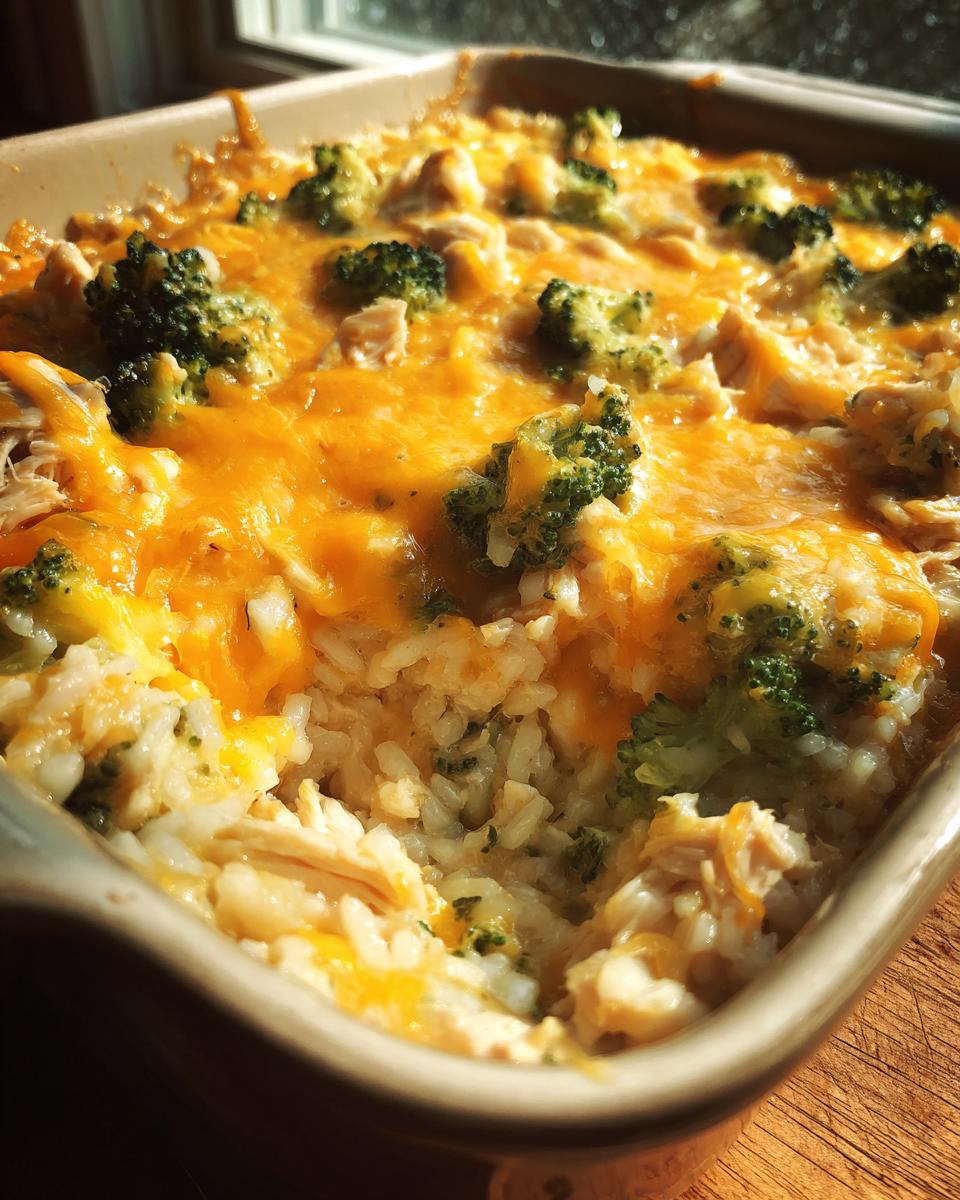 Close-up of chicken and broccoli brown rice casserole topped with melted cheddar cheese in a baking dish.