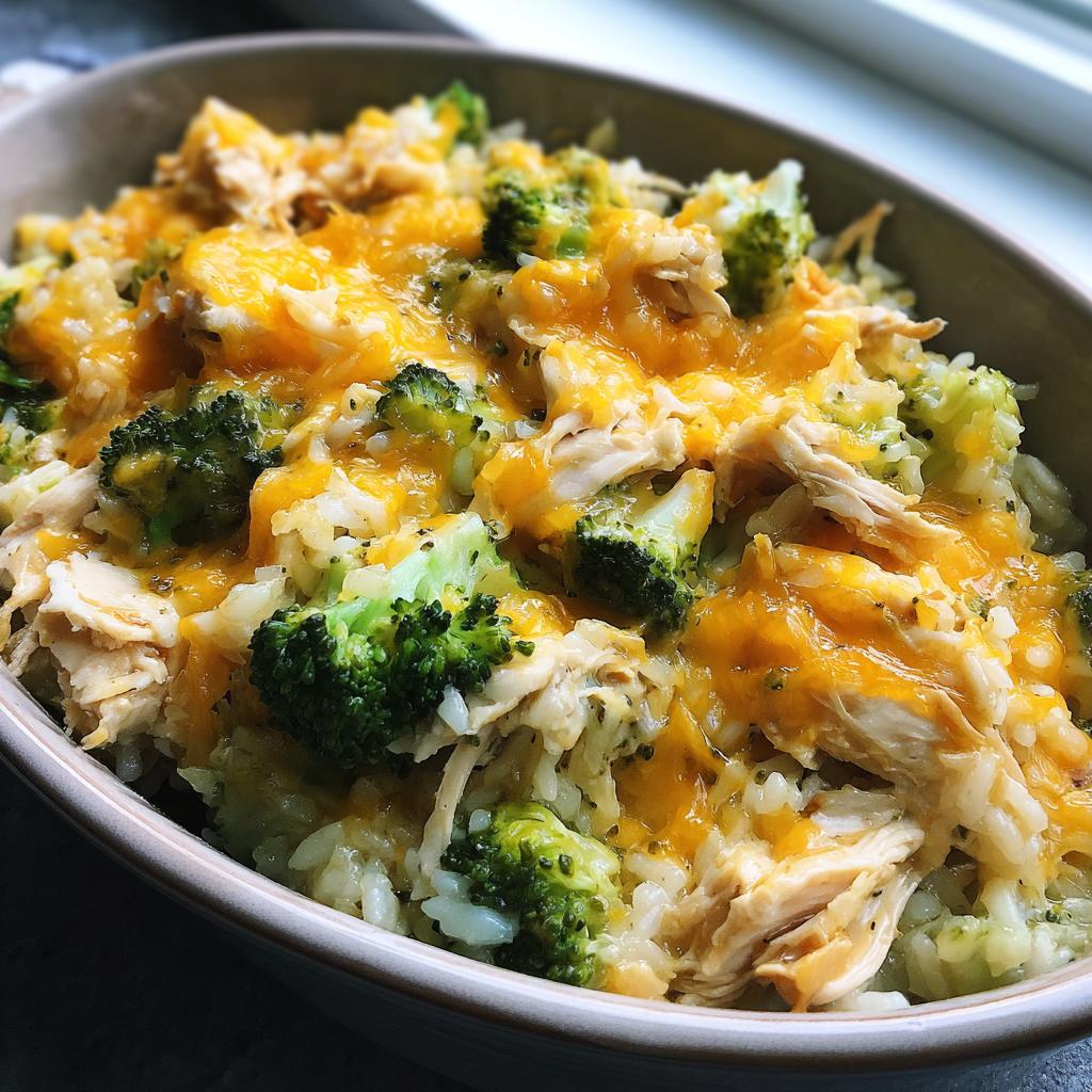 Close-up of chicken and broccoli brown rice casserole topped with melted cheddar cheese in a bowl