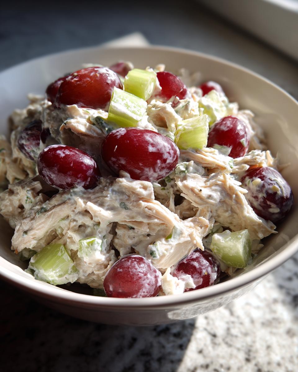 Bowl of chicken salad with grapes and greek yogurt, featuring shredded chicken, red grapes, and celery pieces.