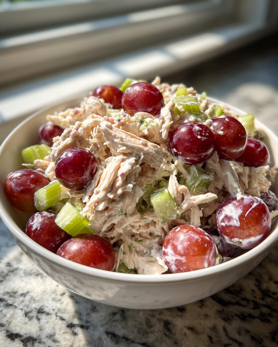 Bowl of chicken salad with grapes and greek yogurt on marble countertop