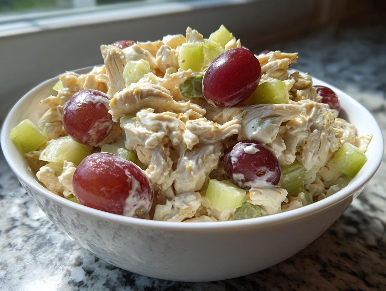 Bowl of chicken salad with grapes and Greek yogurt, featuring shredded chicken, red grapes, and celery.