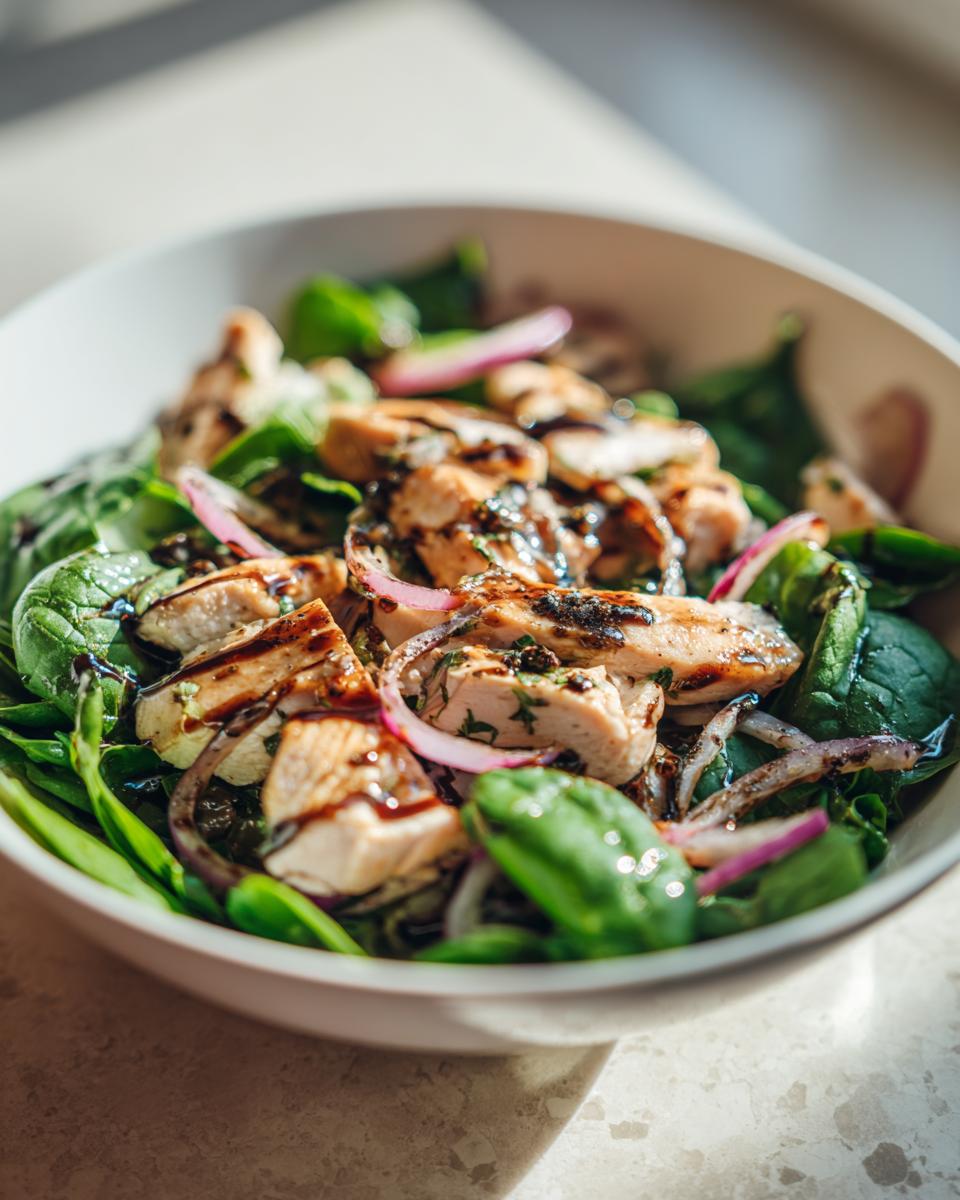 Bowl of chicken and spinach salad with grilled chicken, fresh spinach, red onions, and balsamic glaze