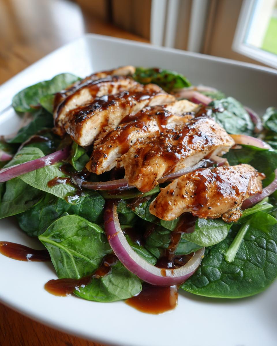 Grilled chicken slices on fresh spinach salad with red onions and balsamic dressing