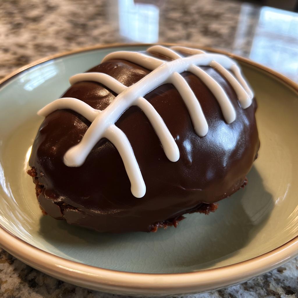 Chocolate football-shaped dessert decorated with white icing laces on a plate