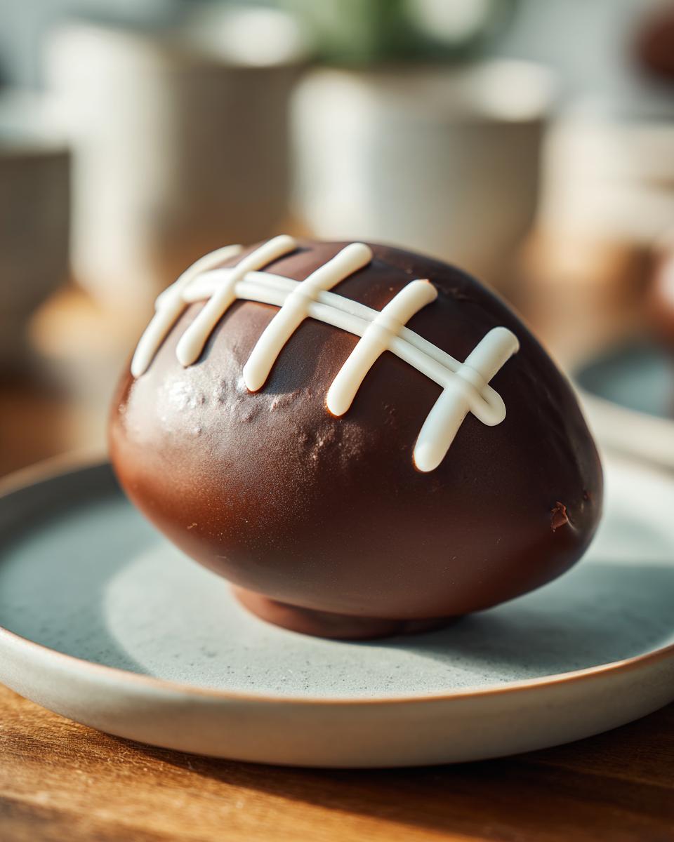 Chocolate football dessert decorated with white icing laces on a plate.
