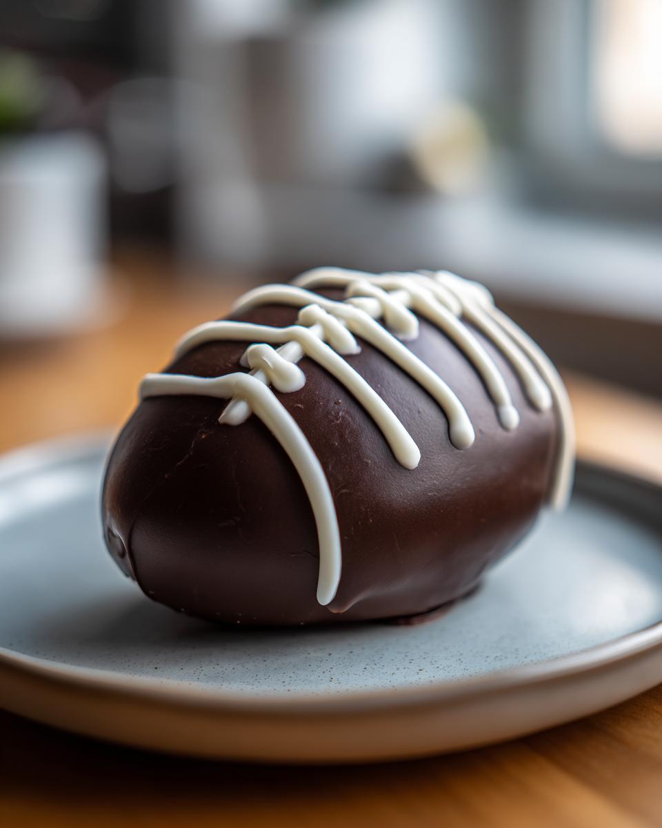 Chocolate football dessert decorated with white icing laces on a plate.