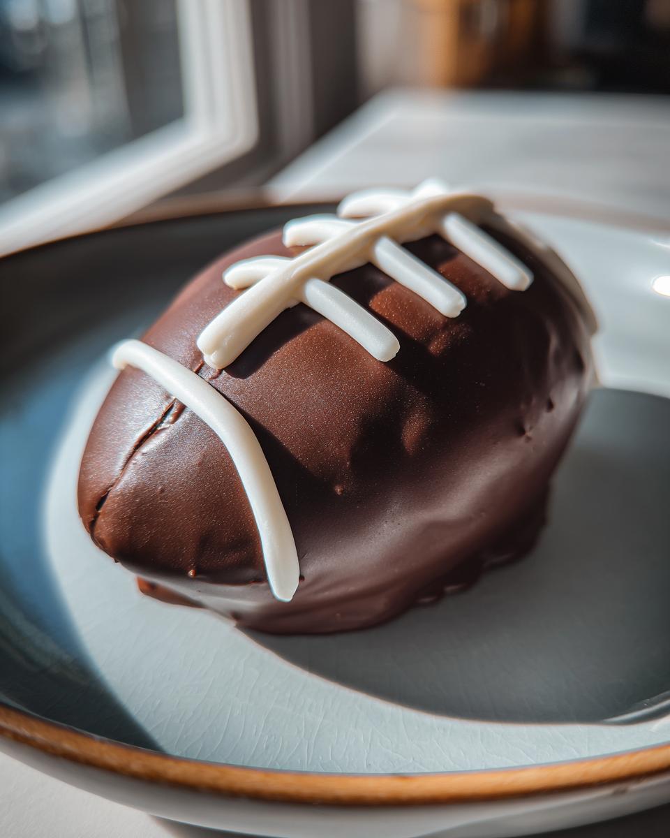 Close-up of a chocolate football dessert decorated with white icing laces on a plate.