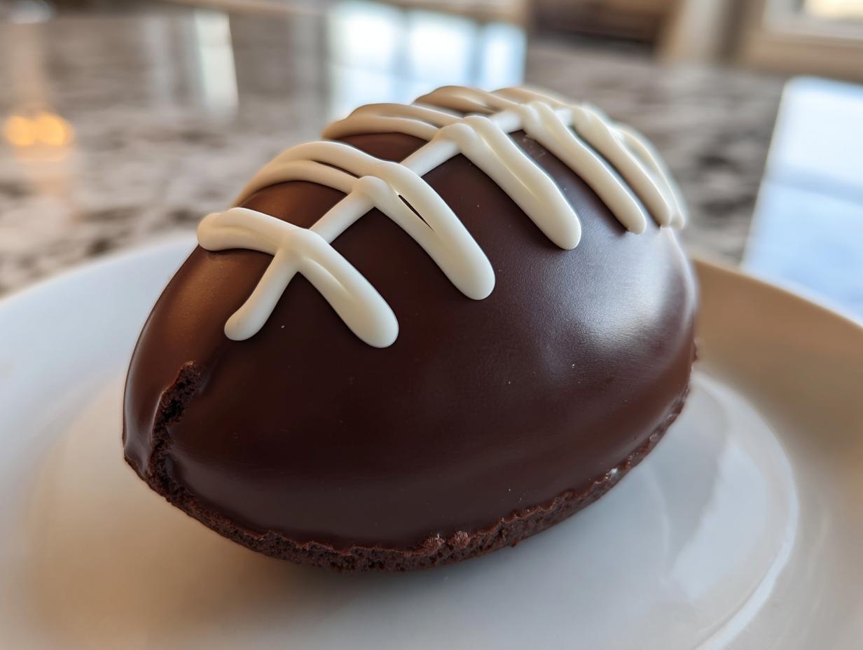 Chocolate football shaped dessert decorated with white icing laces on a white plate.