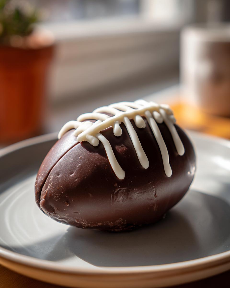 Chocolate football shaped dessert decorated with white icing on a gray plate.