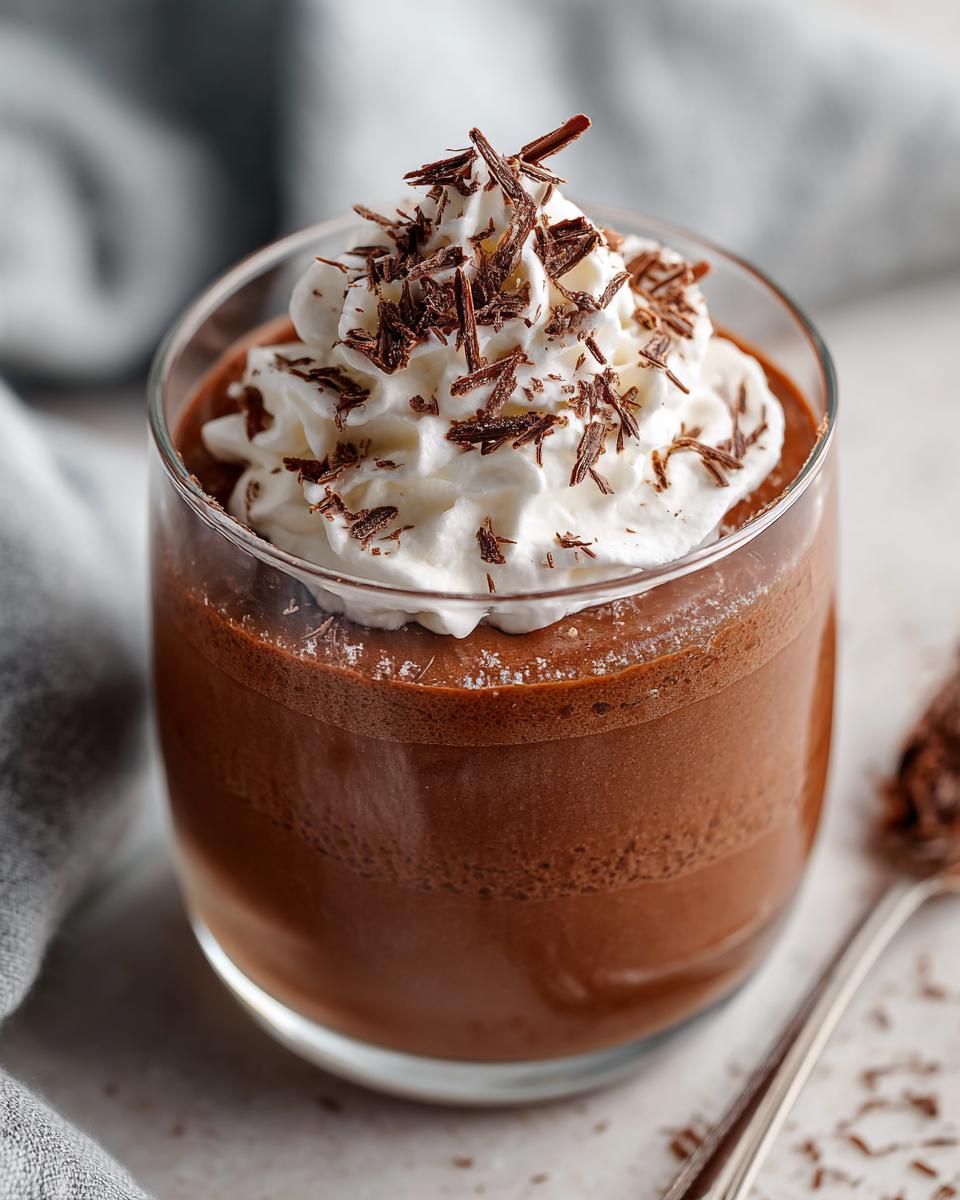 Glass of chocolate mousse topped with whipped cream and chocolate shavings, valentines day chocolate dessert ideas easy