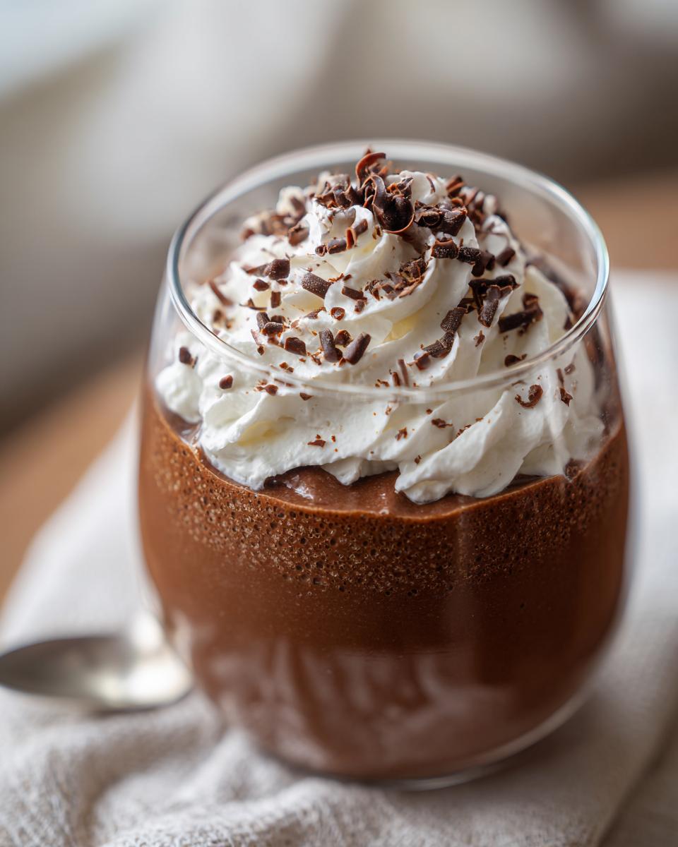 Glass of chocolate mousse topped with whipped cream and chocolate shavings, valentines day chocolate dessert ideas easy