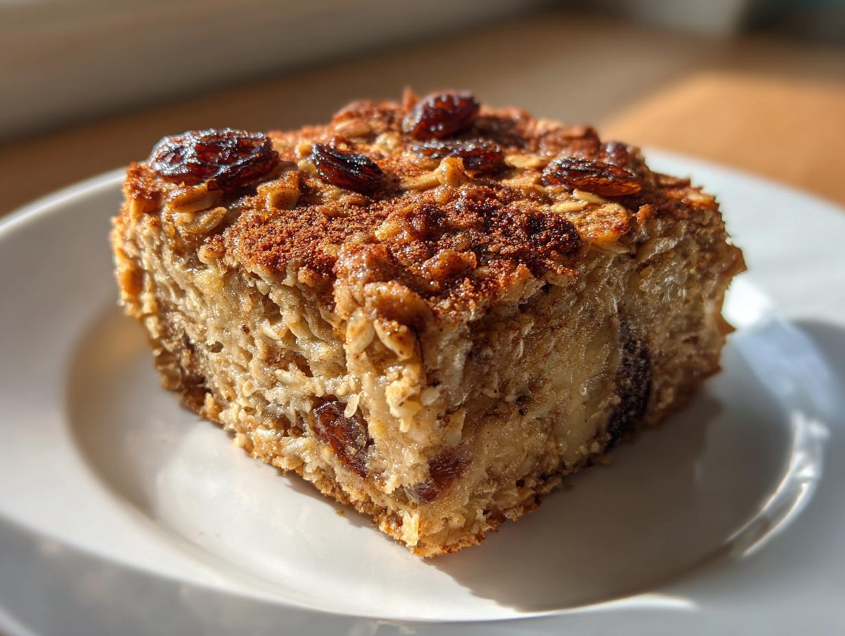 A single cinnamon raisin baked oatmeal square on a white plate with visible oats and raisins.