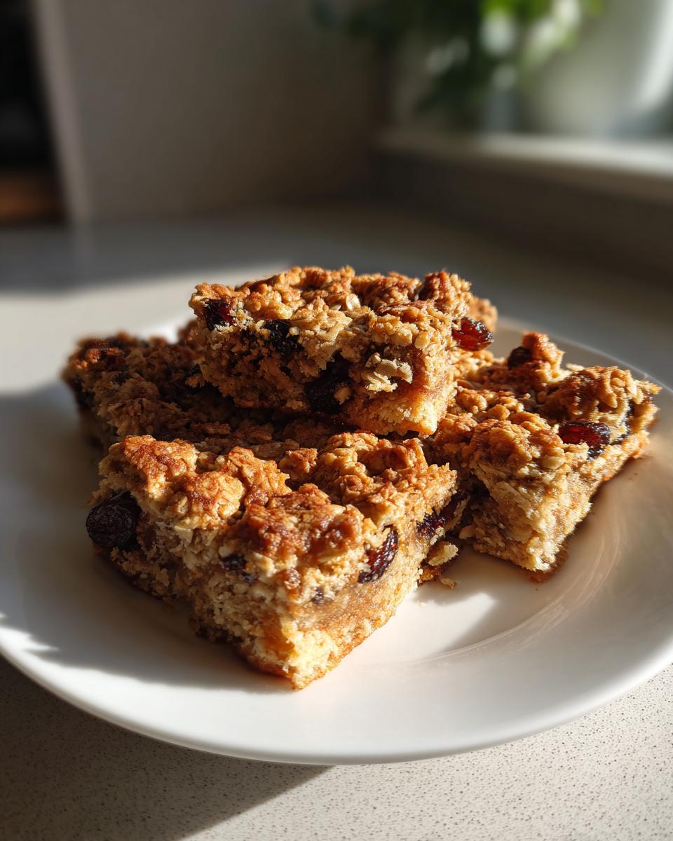 Stack of cinnamon raisin baked oatmeal squares on a white plate with sunlight highlighting texture