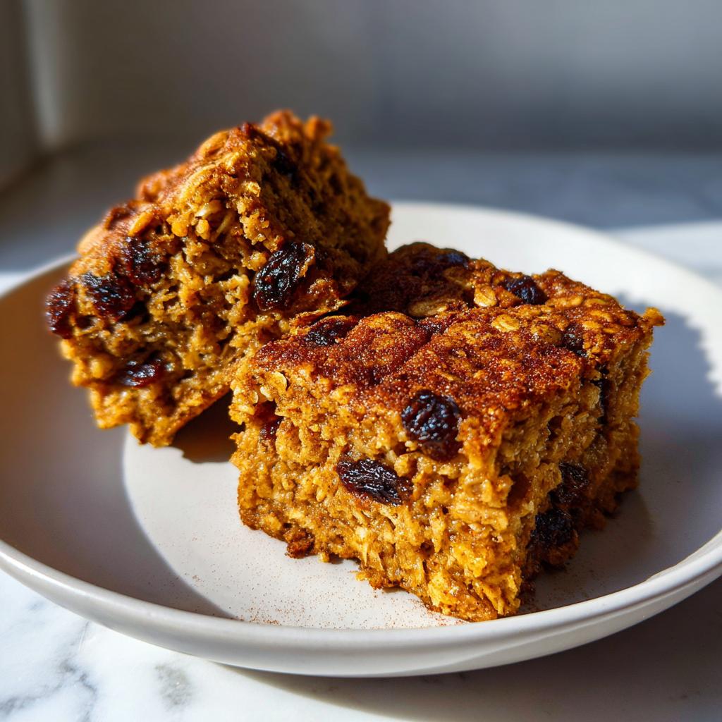 Two cinnamon raisin baked oatmeal squares on a white plate with visible raisins and cinnamon.