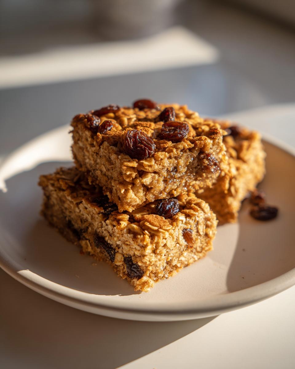 Two cinnamon raisin baked oatmeal squares stacked on a white plate with raisins on top.
