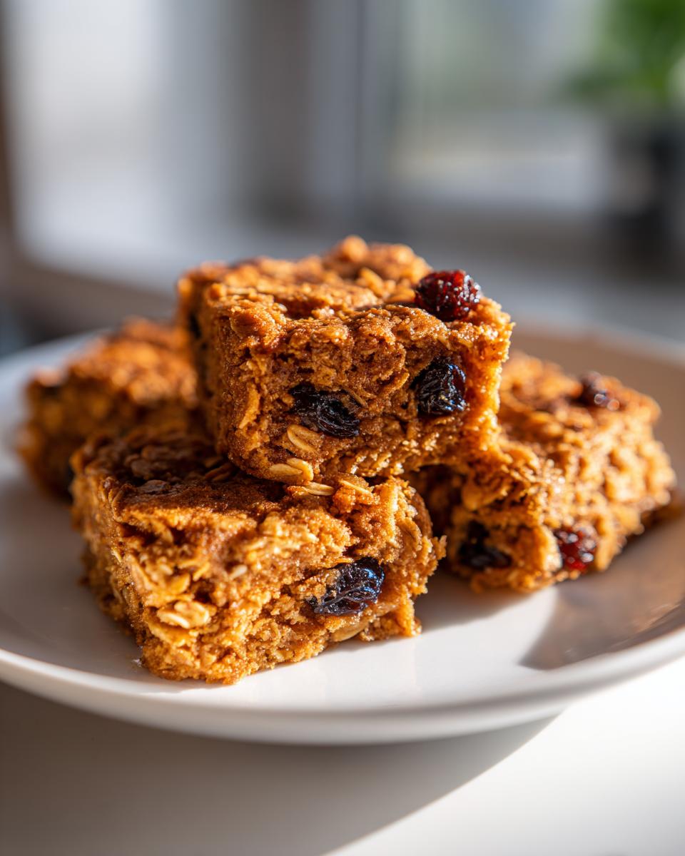Close-up of cinnamon raisin baked oatmeal squares stacked on a white plate.