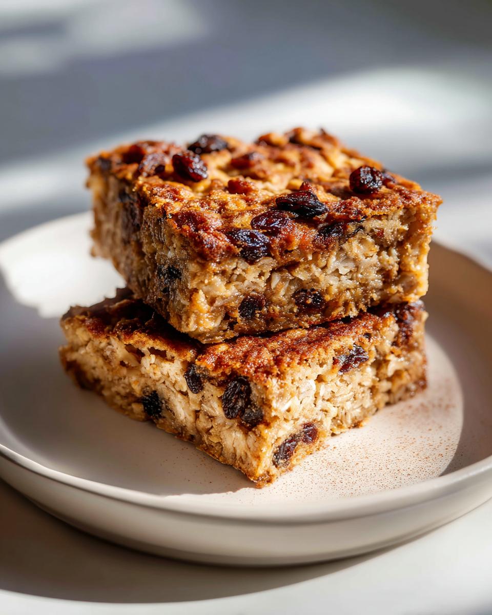 Two stacked cinnamon raisin baked oatmeal squares on a white plate with raisins visible