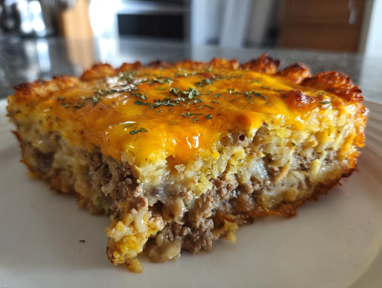 Close-up of a slice of comfort food casseroles for cold nights with melted cheese and ground beef.