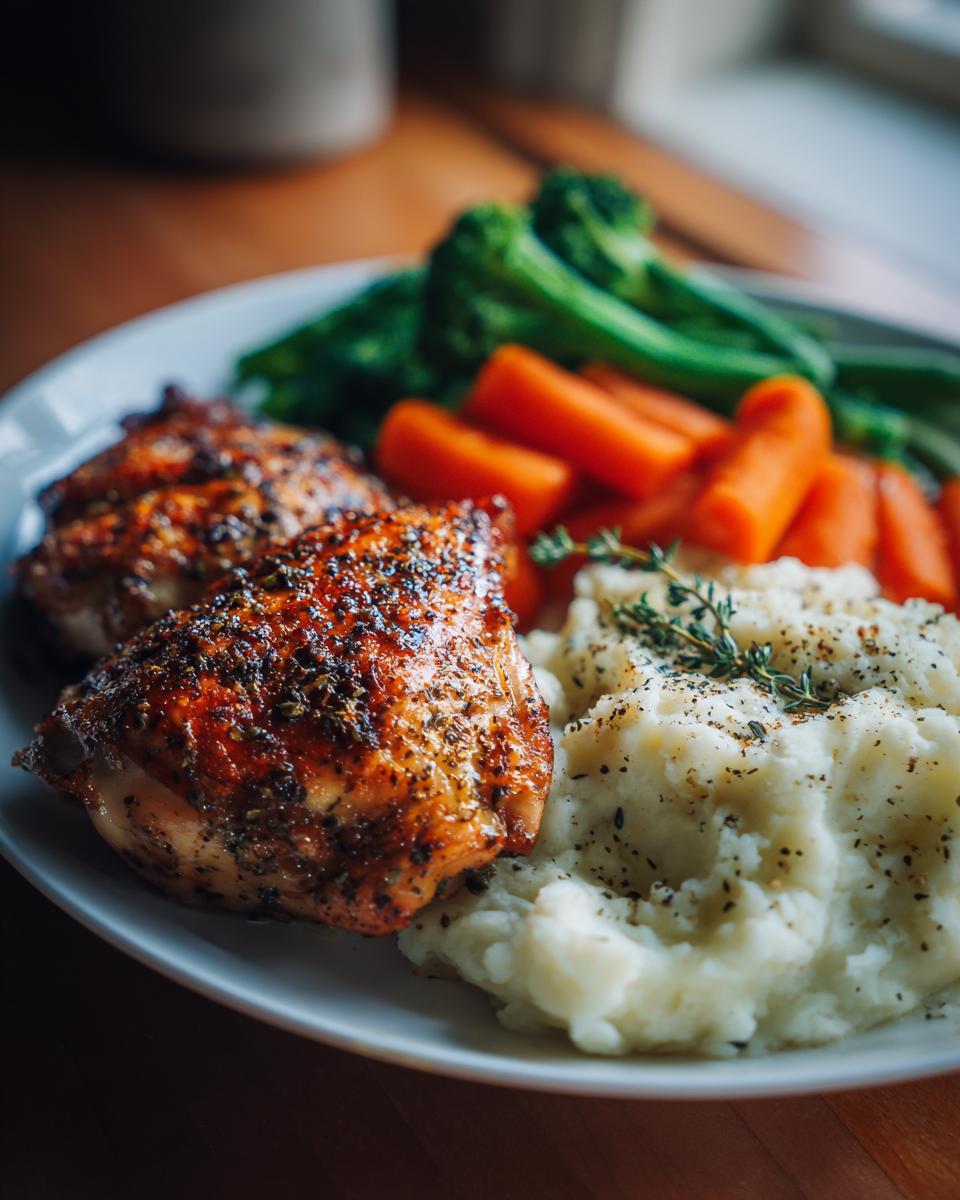 Plate with roasted chicken, mashed potatoes, carrots, and broccoli for february cozy date night dinner recipes