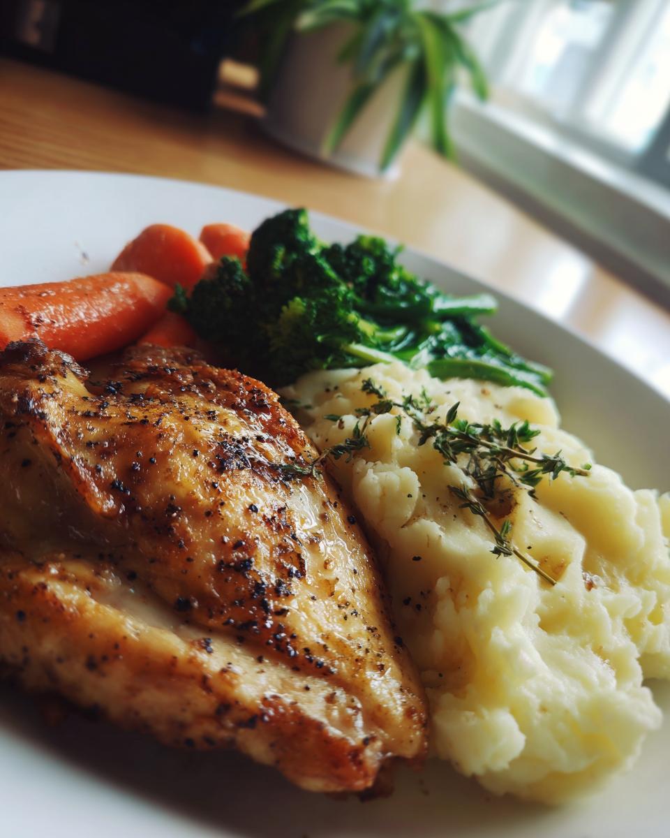 Plate with seasoned chicken breast, mashed potatoes, steamed broccoli, and carrots for february cozy date night dinner recipes