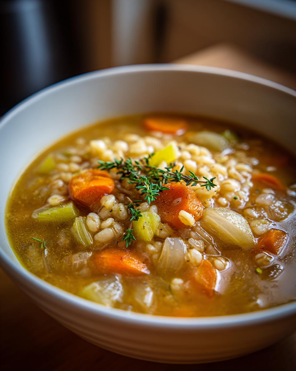 Bowl of cozy winter soup recipes for february with carrots, celery, onions, barley, and thyme garnish