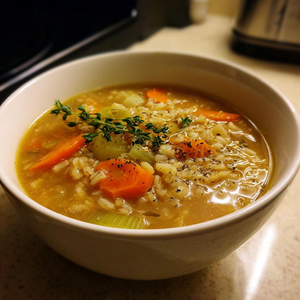 Bowl of cozy winter soup recipes for february with carrots, celery, rice, and herbs